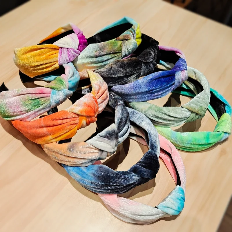 Velvet head band gradient tie dye sublimation hair ties stretchy non slip velvet hair band fabric knotted wide brimmed headband