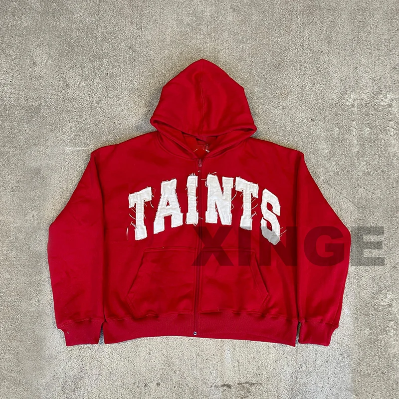 Custom Oversized Hoodies Unisex High Quality 400gsm Patchwork Embroidery Hoodie Custom Acid Wash Distressed Zip Up Hoodie