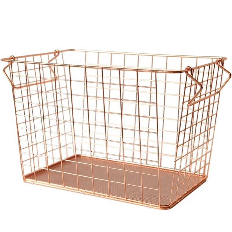 Rose Gold Metal Wire Food Organizer Storage Bin Baskets with Handles for Kitchen Cabinets Pantry Bathroom Laundry Room Closets