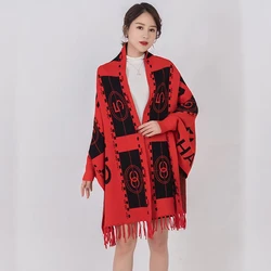 Ethnic Style Shawl Women Autumn And Winter Thick Warm  Black Scarf Cloak Poncho Winter