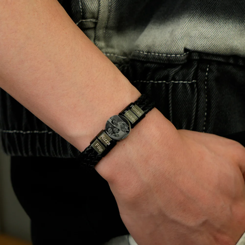 Triple Leather Braided Bracelet with Stainless Steel Family Photo Round Charm Bracelet for men | Blank or Custom Logo with Laser