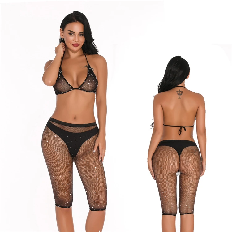 
girls fishnet hot bikini set rhinestone sexy underwear lingerie 