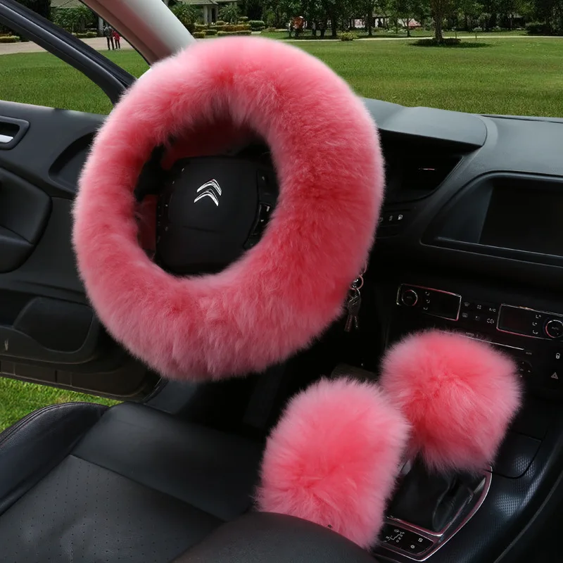 3pcs/set Soft Warm Long Wool Steering Wheel Cover winter Woolen Handbrake Sheep Fur Plush Protector Cover set