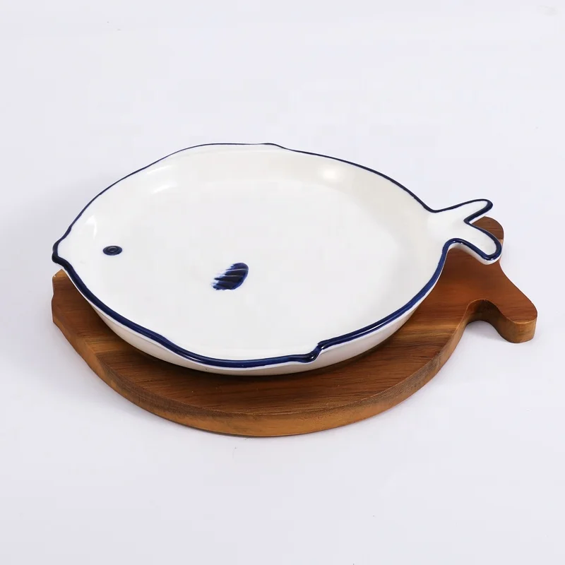Tivray Custom Fish Shape Design White Large Porcelain Bowl With Wooden Tray Factory Best Seller Fish Bowl for Salad