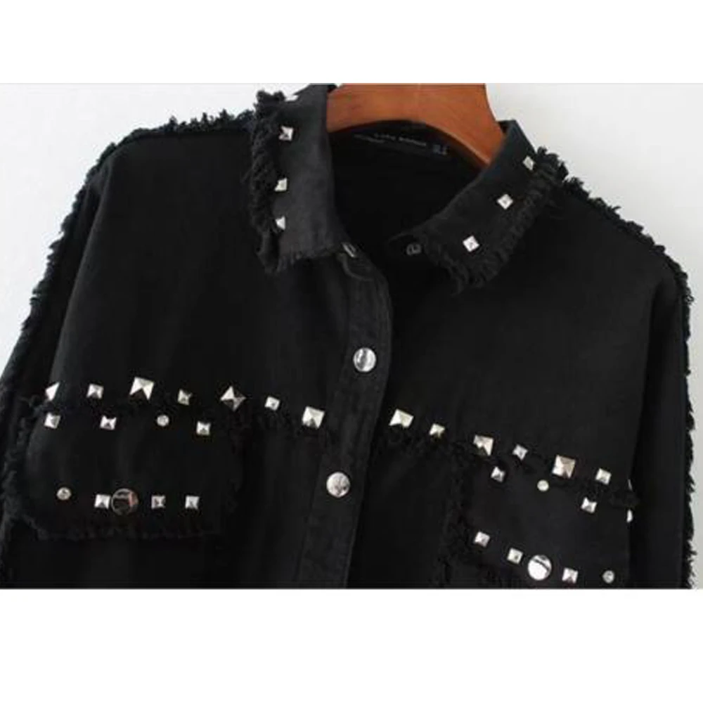 High street style black denim beaded rivet jeans coat jacket fro women