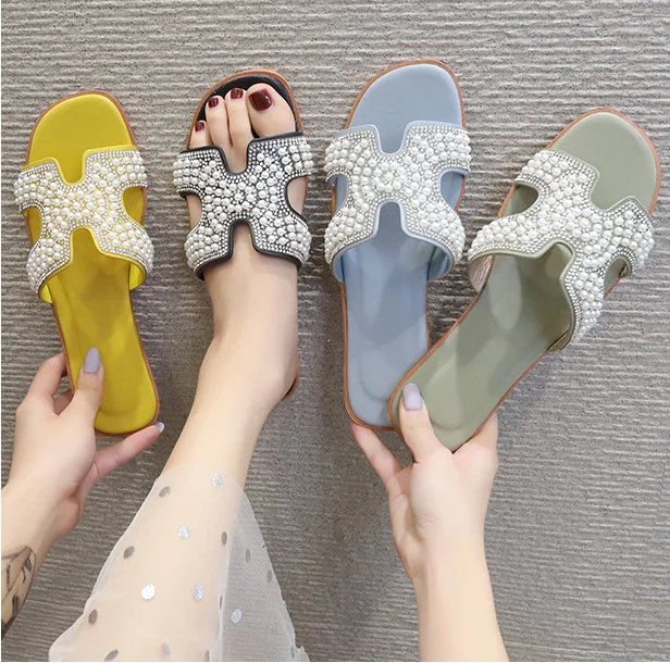 
summer lady flat open toe slippers ideas rubber H slides sandals with pearls for women 