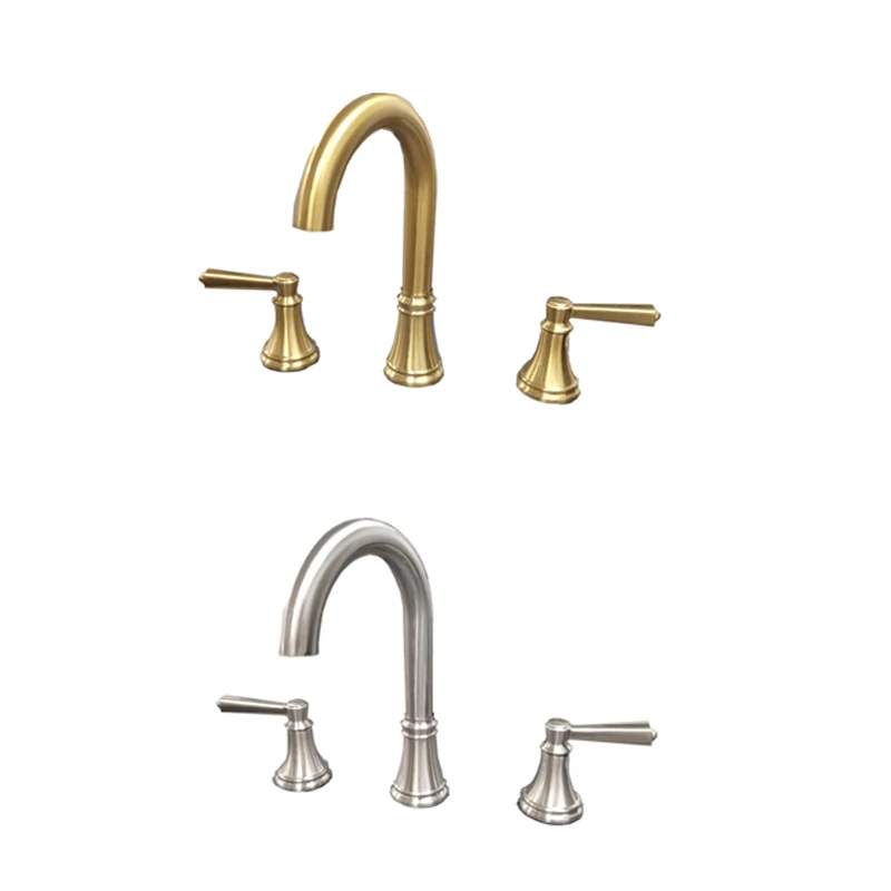 High End Luxury Gold Deck Mounted 3 Holes 8-in Double Handle Industrial Bathroom Widespread Lavatory Hot Sale Basin Faucet