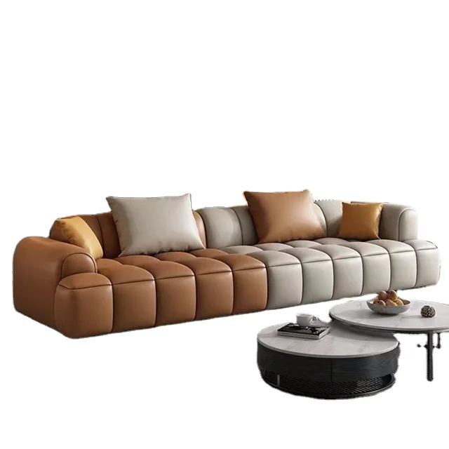Italian minimalist leather sofa head layer cowhate modern contracted living room three bean curd puff sofa
