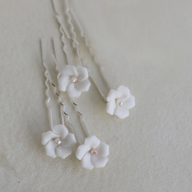 SLBRIDAL Handmade Porcelain Flower Freshwater Pearls Alloy Bridal Hair Pin Wedding Hair Sticker Women Jewelry Hair Accessories