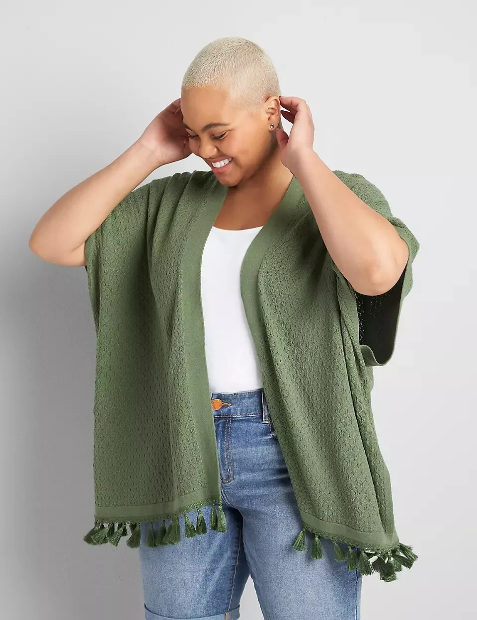 Ladies Short dolman sleeves  knit cardigan sweater coat Open-Front Pointelle Fringe oversized  Top Poncho