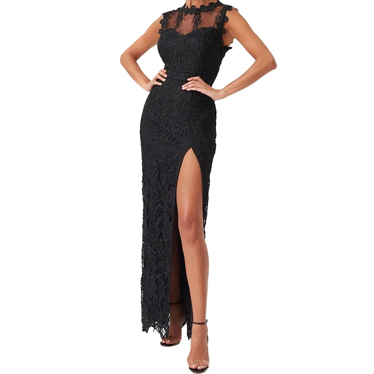 Fashion Women V-neck Sleeveless Black Lace Slit Dress Print Slim Long Party Dress for Ladies