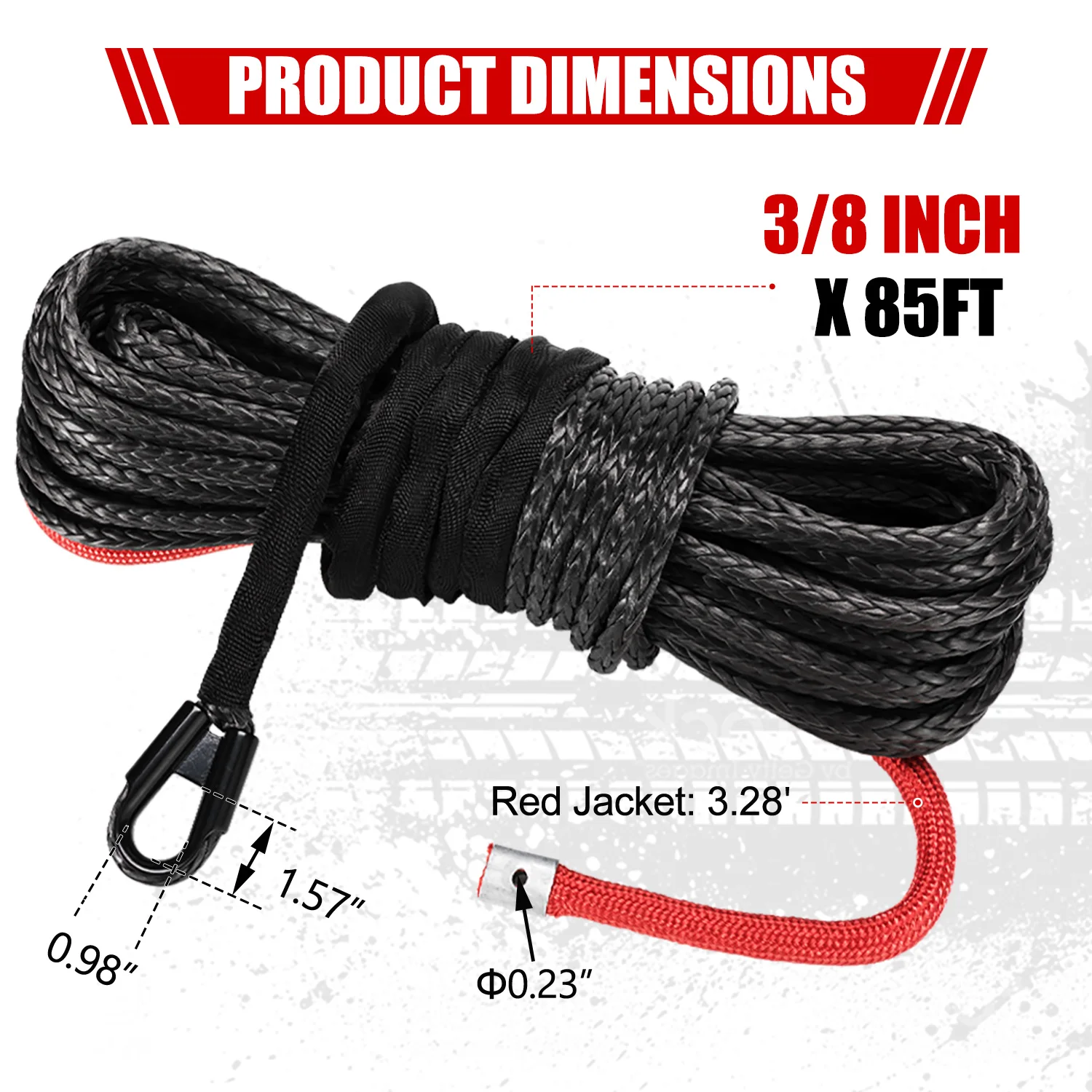 FIERYRED 3/8' Inch X 85FT Breaking Strength Synthetic Winch Rope With Black 4WD Hook for SUV ATV Trailers Offroad