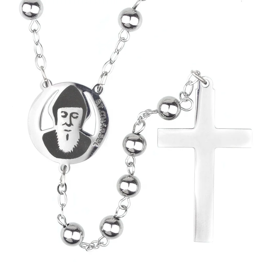 Religious Stainless Steel Cross Necklace with St Charbel Centerpiece 6mm Beads Catholic Rosary