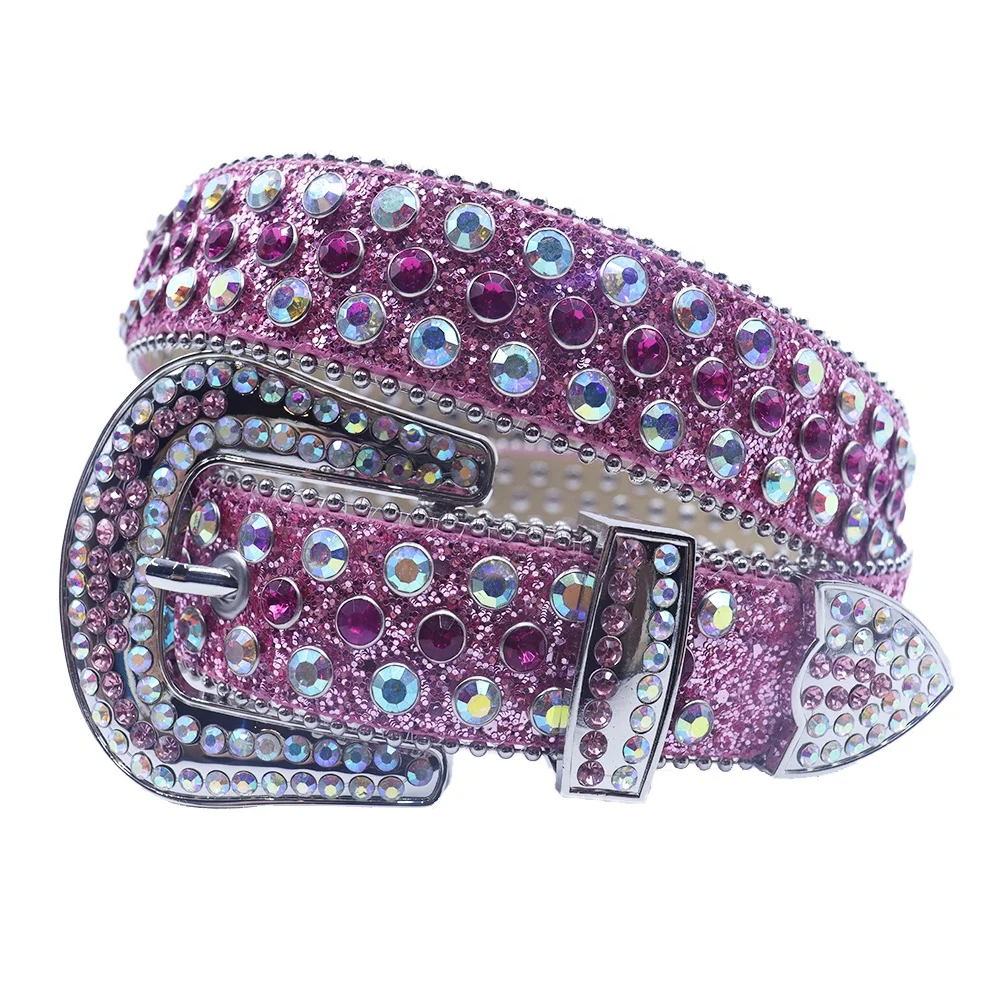 Rhinestone Bb Simon Pink Sequin Glitter Colorful Western Cowboy Crystal Diamond Genuine Leather Men Women Gold Belt