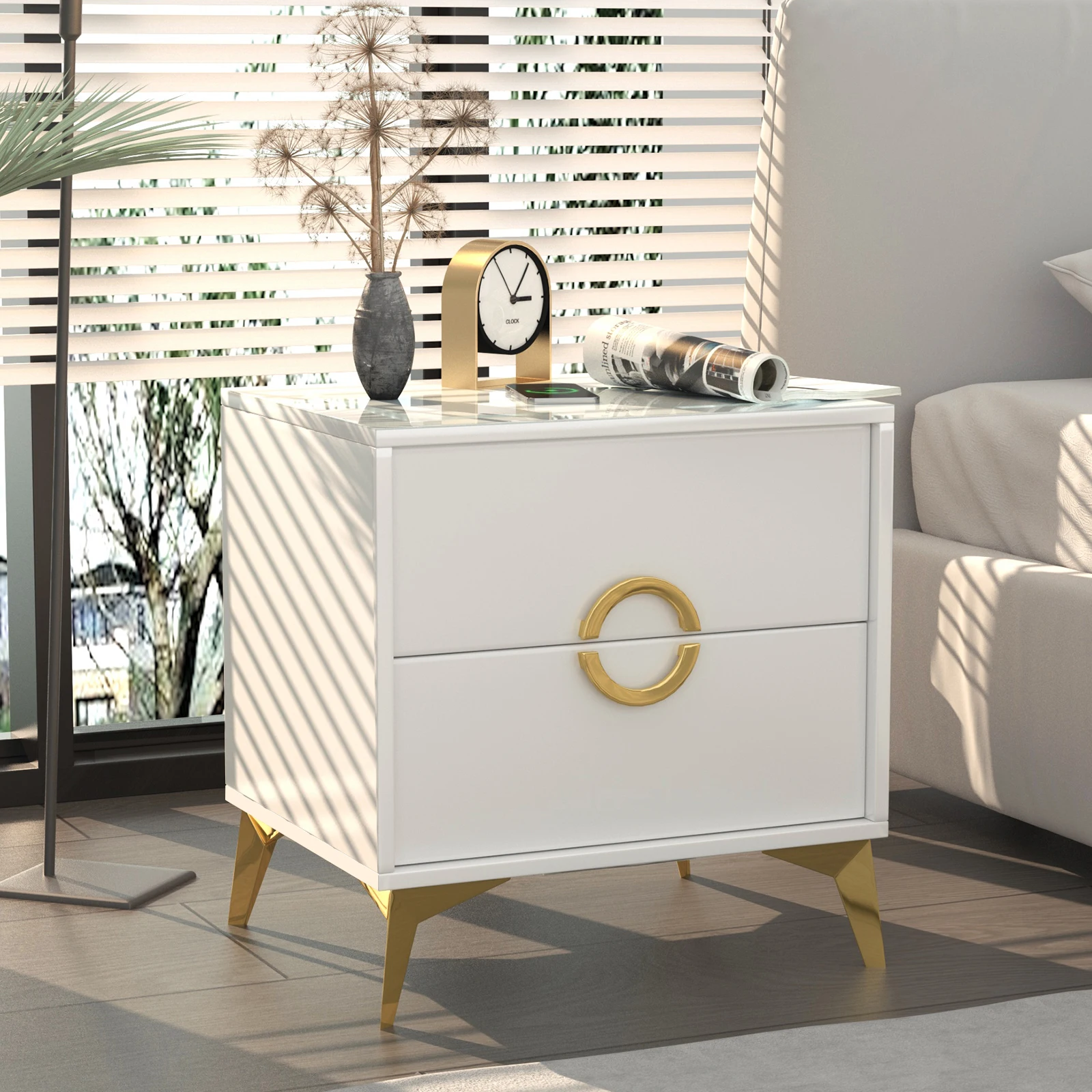 Bed Side Tables Wireless Charging Night Stand Wooden LED Smart Nightstand