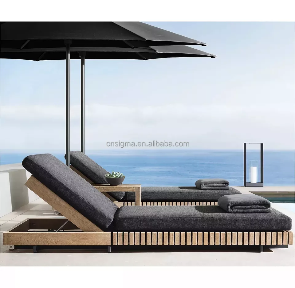 Customized beach pool sun lounger garden furniture adjustable teak chaise lounge with cushion
