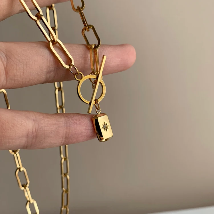 18K Gold Plated Stainless Steel Paperclip Chain Star Pendant Diamond Necklace Bracelet Women