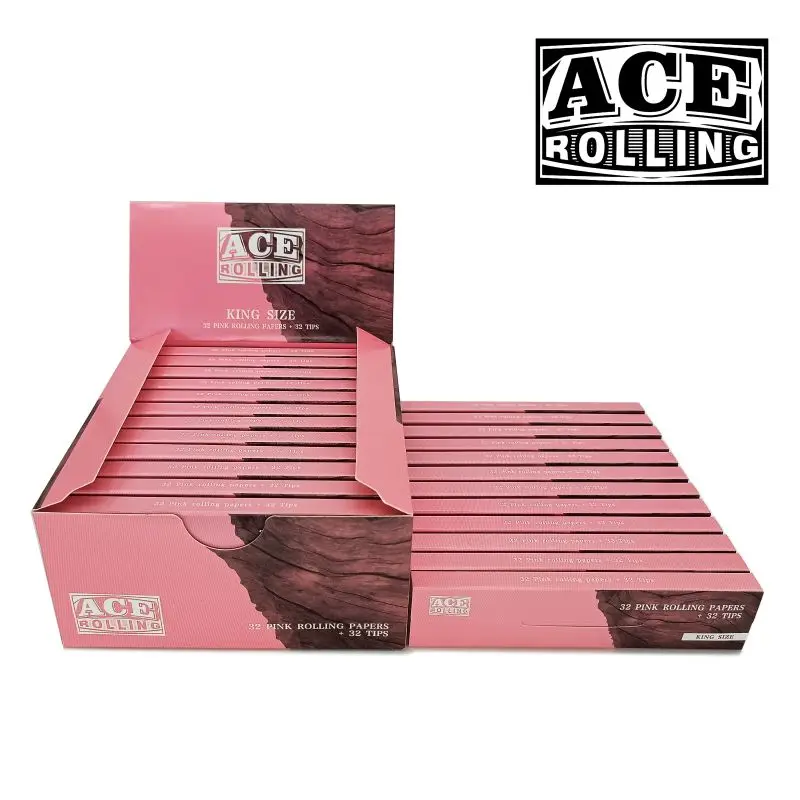 Wholesale Custom Hemp Rolling Paper 100% Natural Arabic Gum Unblenched Wood Pulp Pink Kingsize  Smoking Rolling Paper With Tips