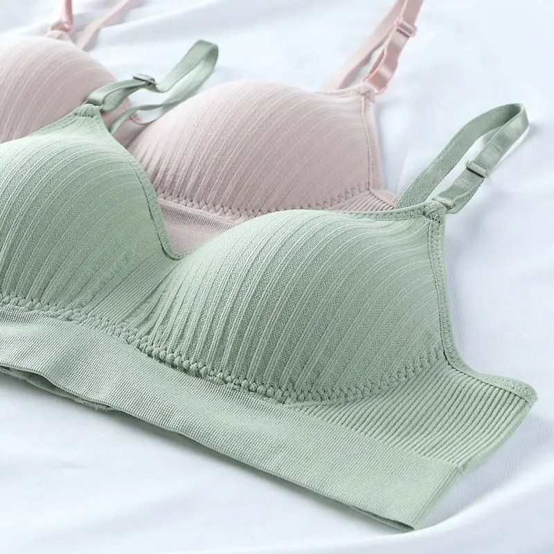 China factory seamless cotton bra gather fixed cup no steel ring student girl underwear cotton bra set female