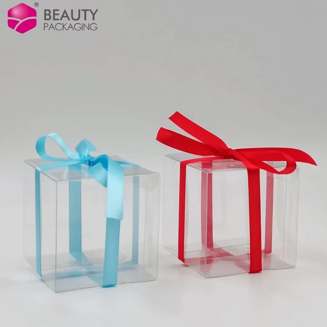 7*7*7 Clear PVC Box For Small Gifts Wedding Candy Box With  Colored Ribbon
