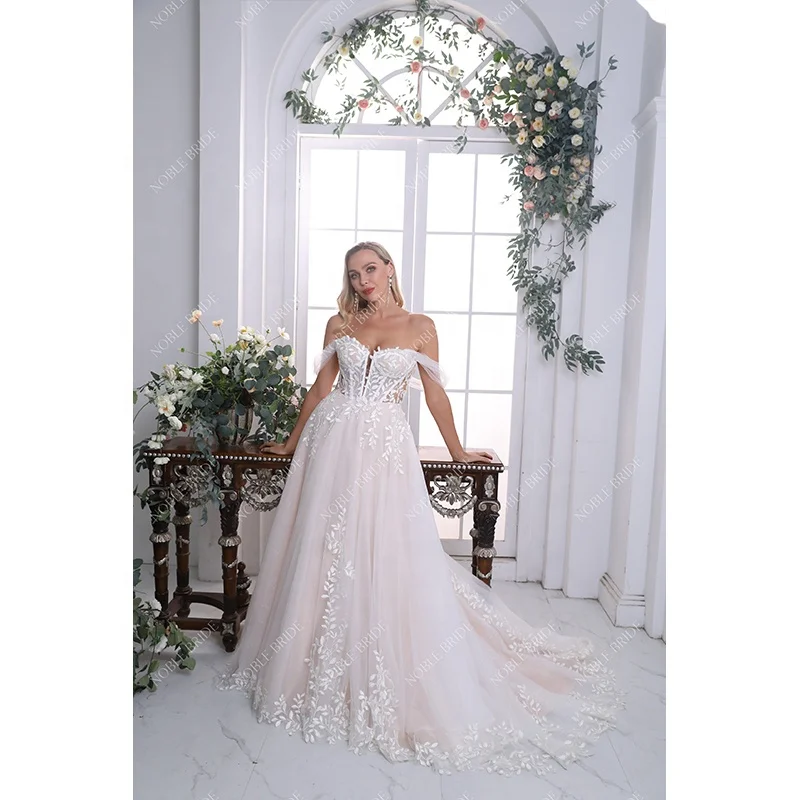 Hot Sexy Plunge V Leaf Applique Sheer Corset Women Off Shoulder Gown Glitter Tulle Sweetheart Bridal Wedding Dresses Elegant