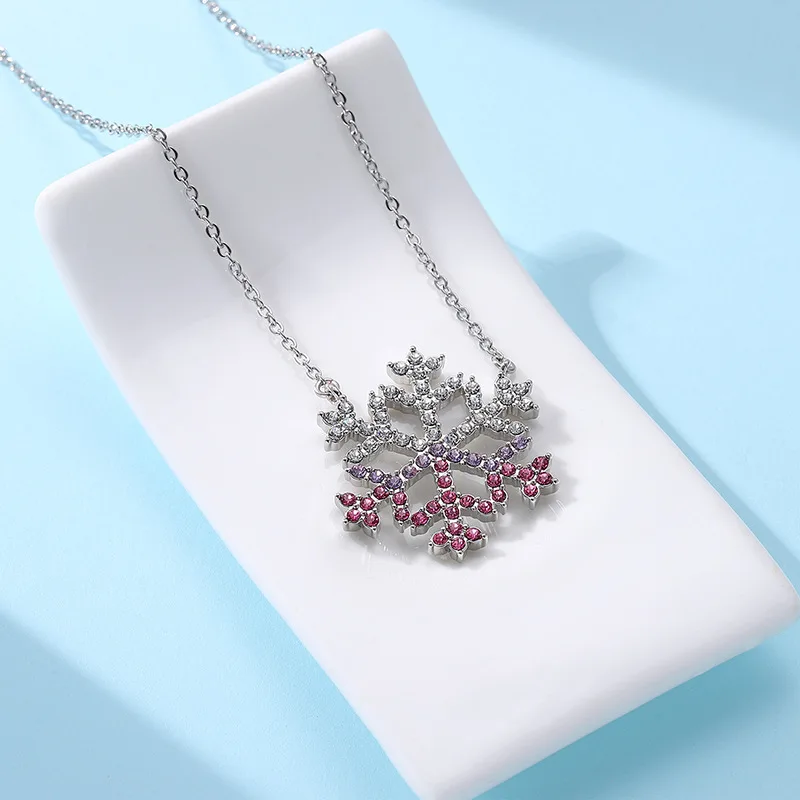 High Quality Blue Snowflake Necklace Ice Snow Pink Full Diamond Pendant S925 Silver Magic Crystals CZ Christmas Jewelry
