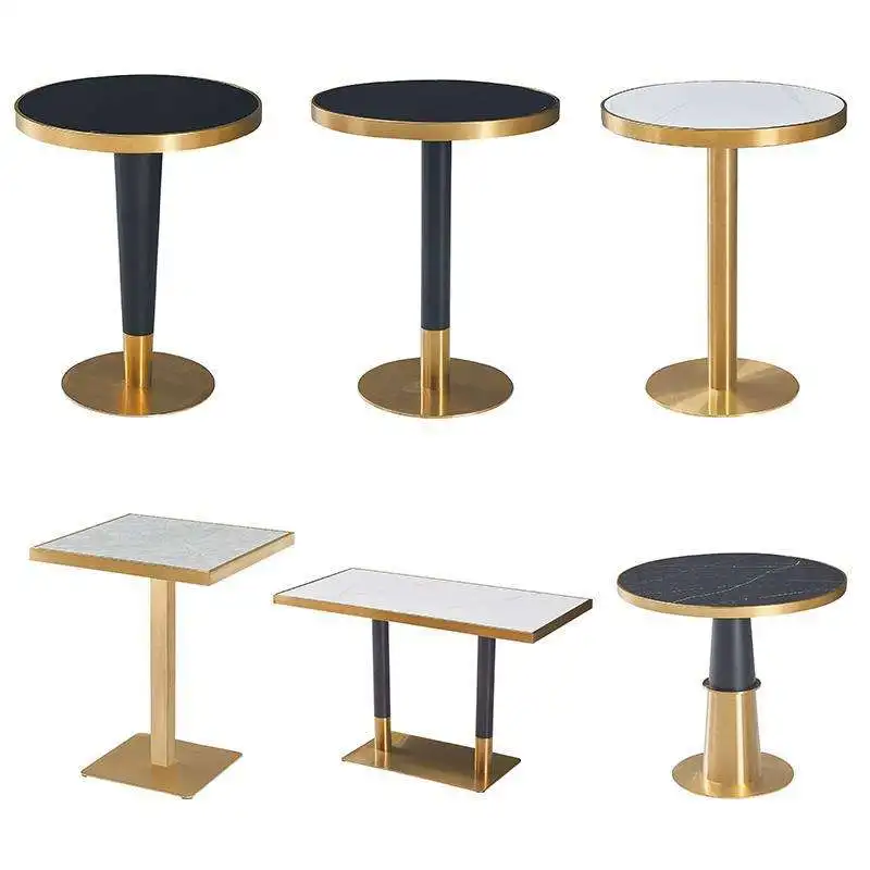 Elegant restaurant cafe shop use luxury marble slate top stainless steel round gold edge frame dining table set
