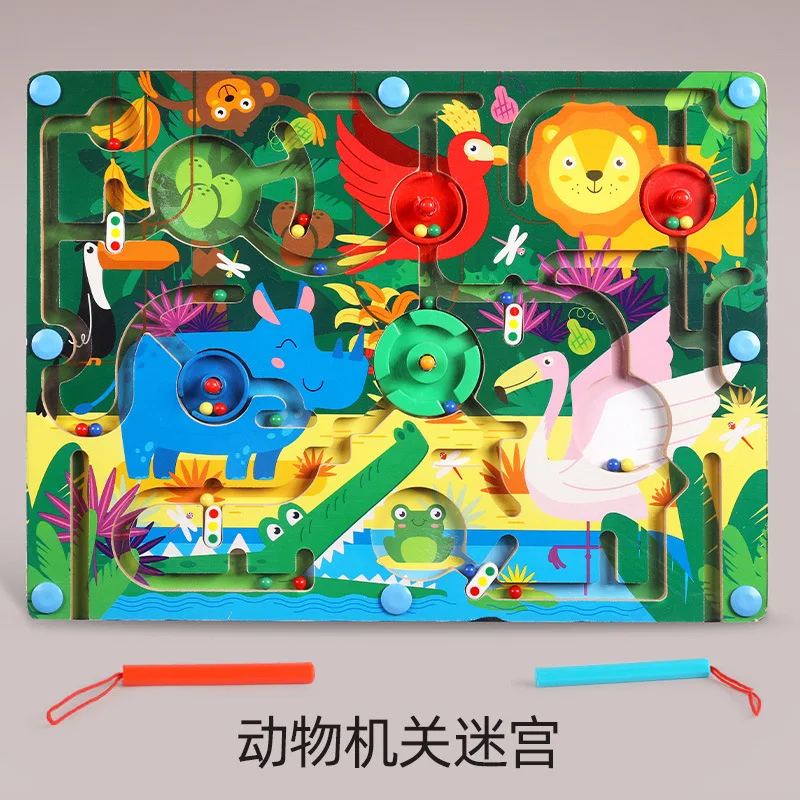 2023 new children brain training games wooden magnetic pen walking bead animal dinosaur traffic agency maze toys