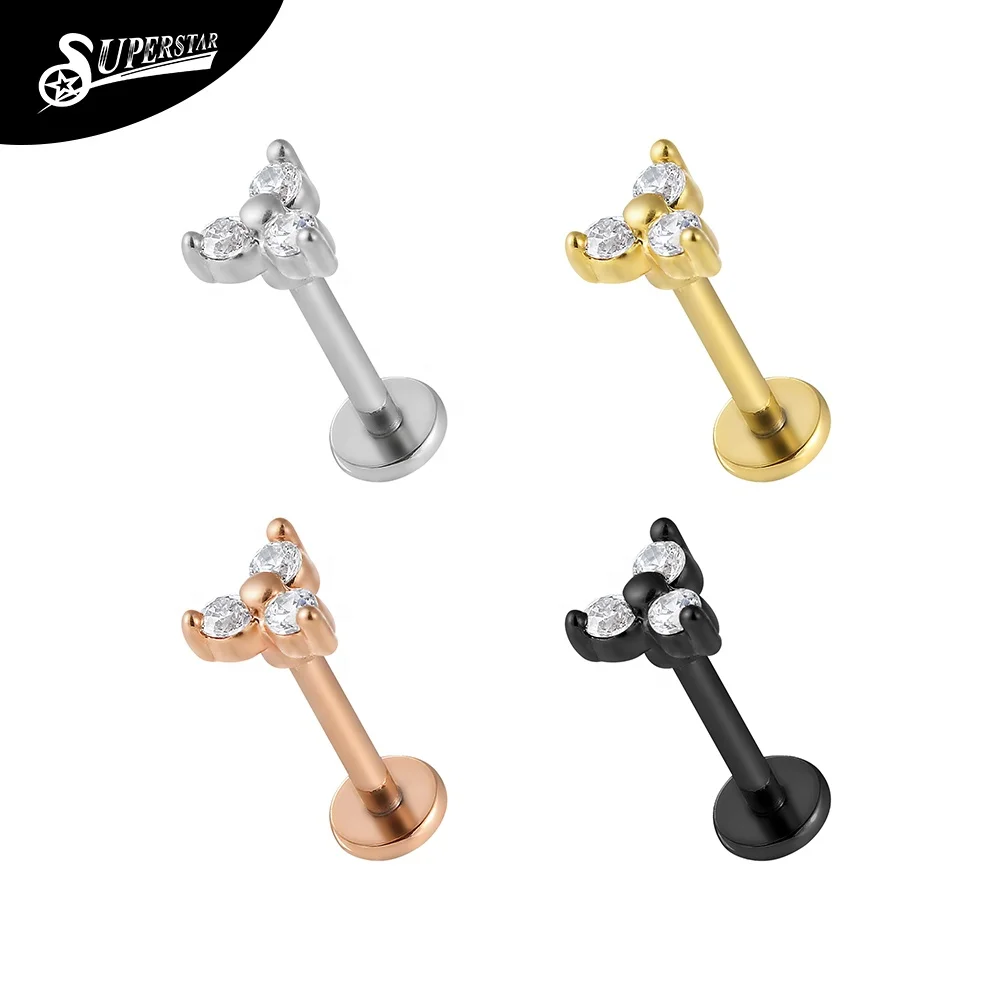 Superstar 316L нержавеющая сталь с внешней резьбой labret медные фитинги зубец 3 круглые циркониевые серьги для пирсинга