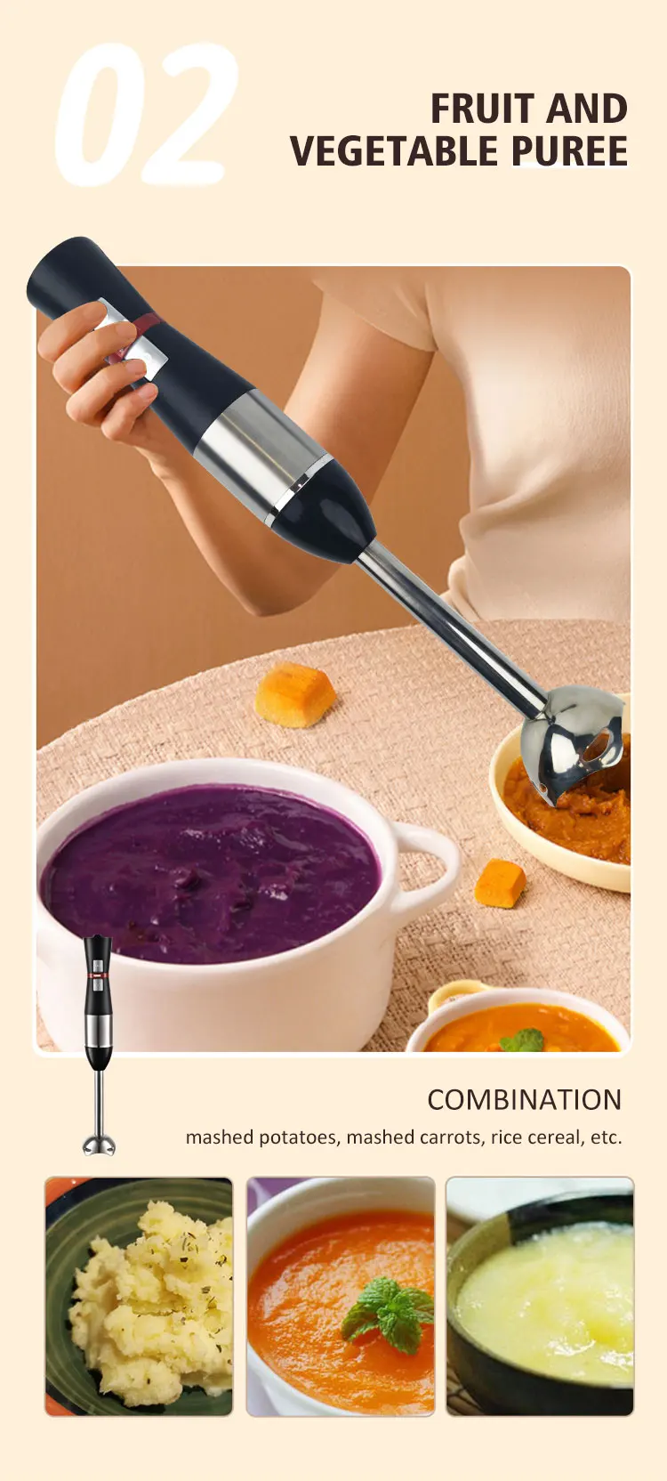 Electric 3-in-1 Home Mixer Appliances Set Hand Blender with Plastic Container and Push Button Controls