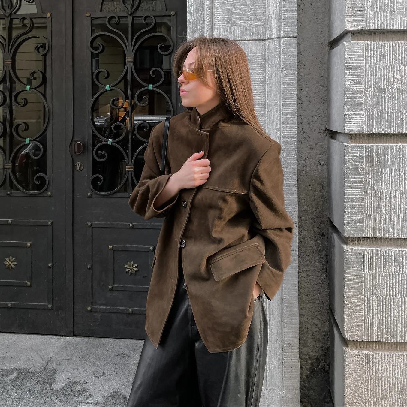 Retro Jacket Brown Frosted Sueded Coat Women Winter Jacket Notched Collar Loose Jacket