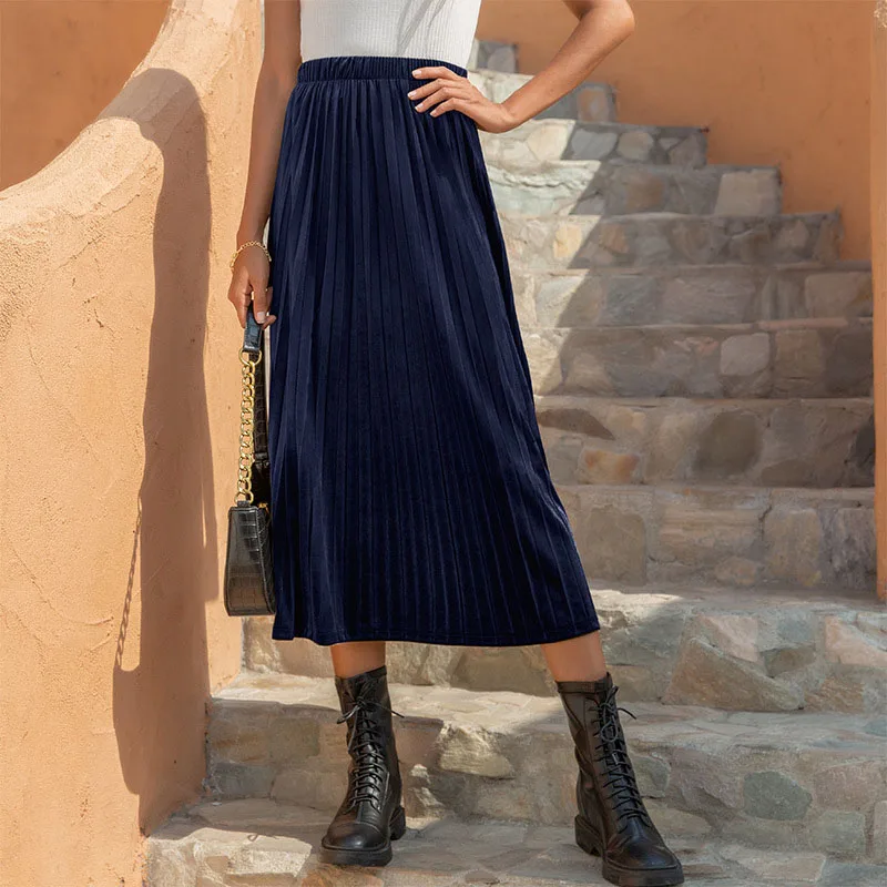
2021 Hot Sell Desinger Cheap Big Hem Solid Color Straight High Wasted Long Pleated Chiffon Midi Casual Womens Skirts For Ladies 