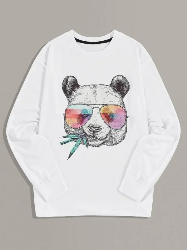 MGOO OEM 95% Polyester White Panda Print Long Sleeve Casual Men T Shirt