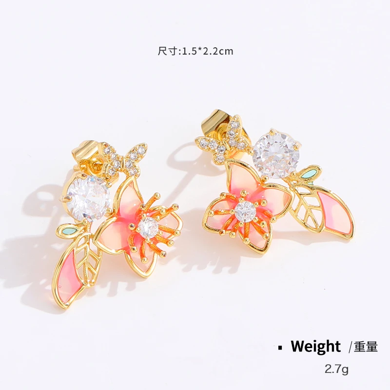Wholesale Women Lady Chinese Style Elegant Copper Real Gold Plated oil dripping pink flower earrings enamel flower earrings