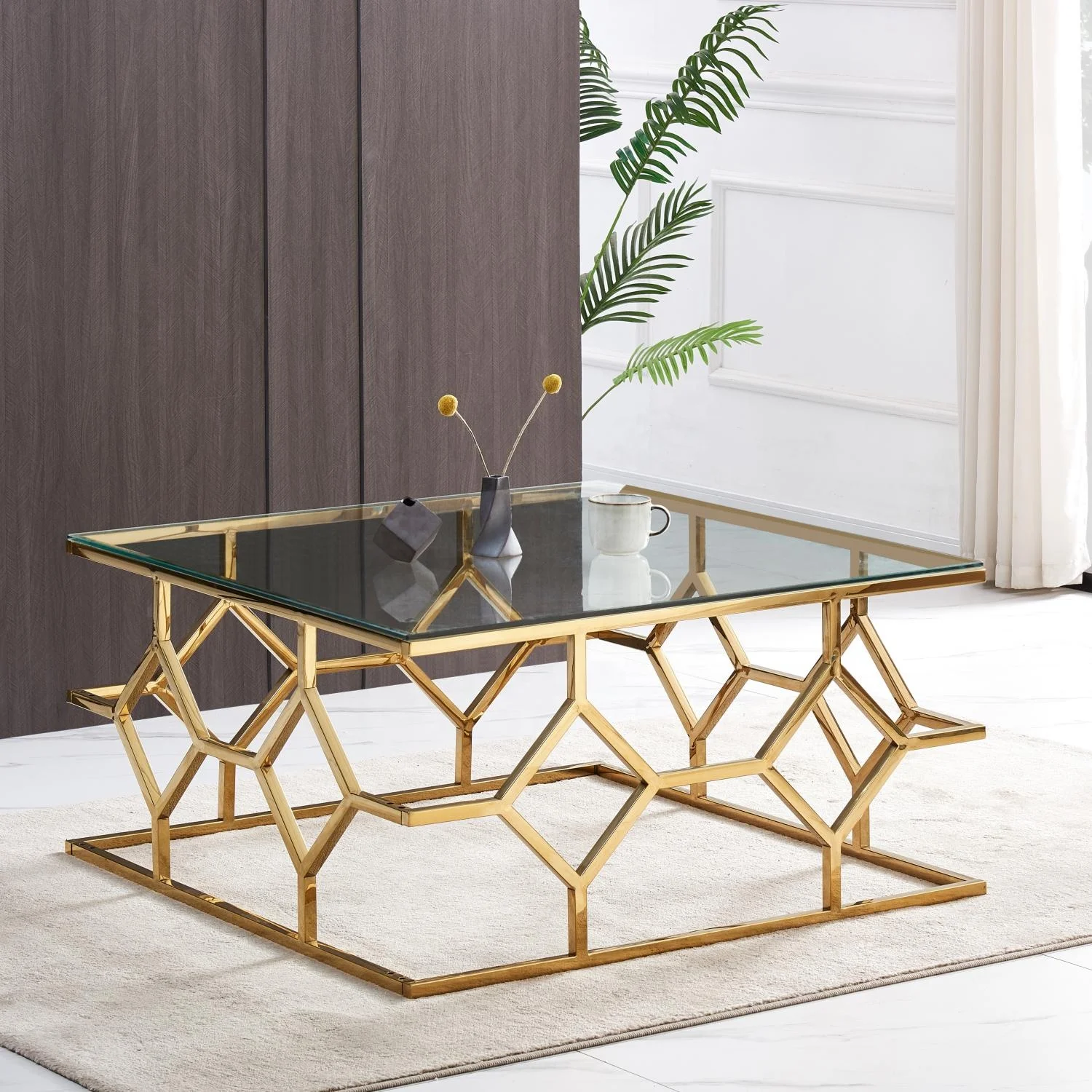 Wholesale Cheap Clear Glass Golden stainless Steel Coffee Table FOR LIVING ROOM FURNITURE