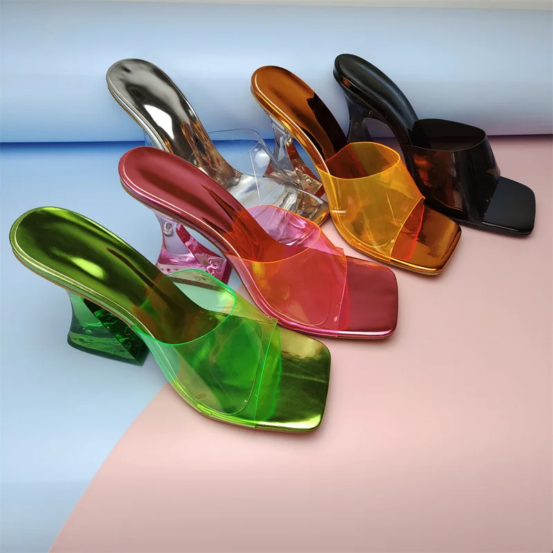 Wholesale ladies shoes transparent heel color PVC featured sandals women fashion color crystal heel sandals women