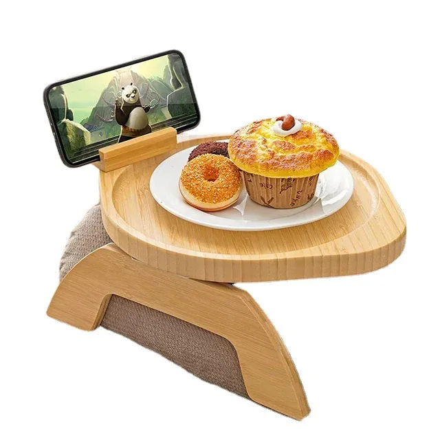Natural  Clip on Side Table Couch Arm Foldable Sofa Tray Table with 360 Rotating Phone Holder for Drinks Snacks
