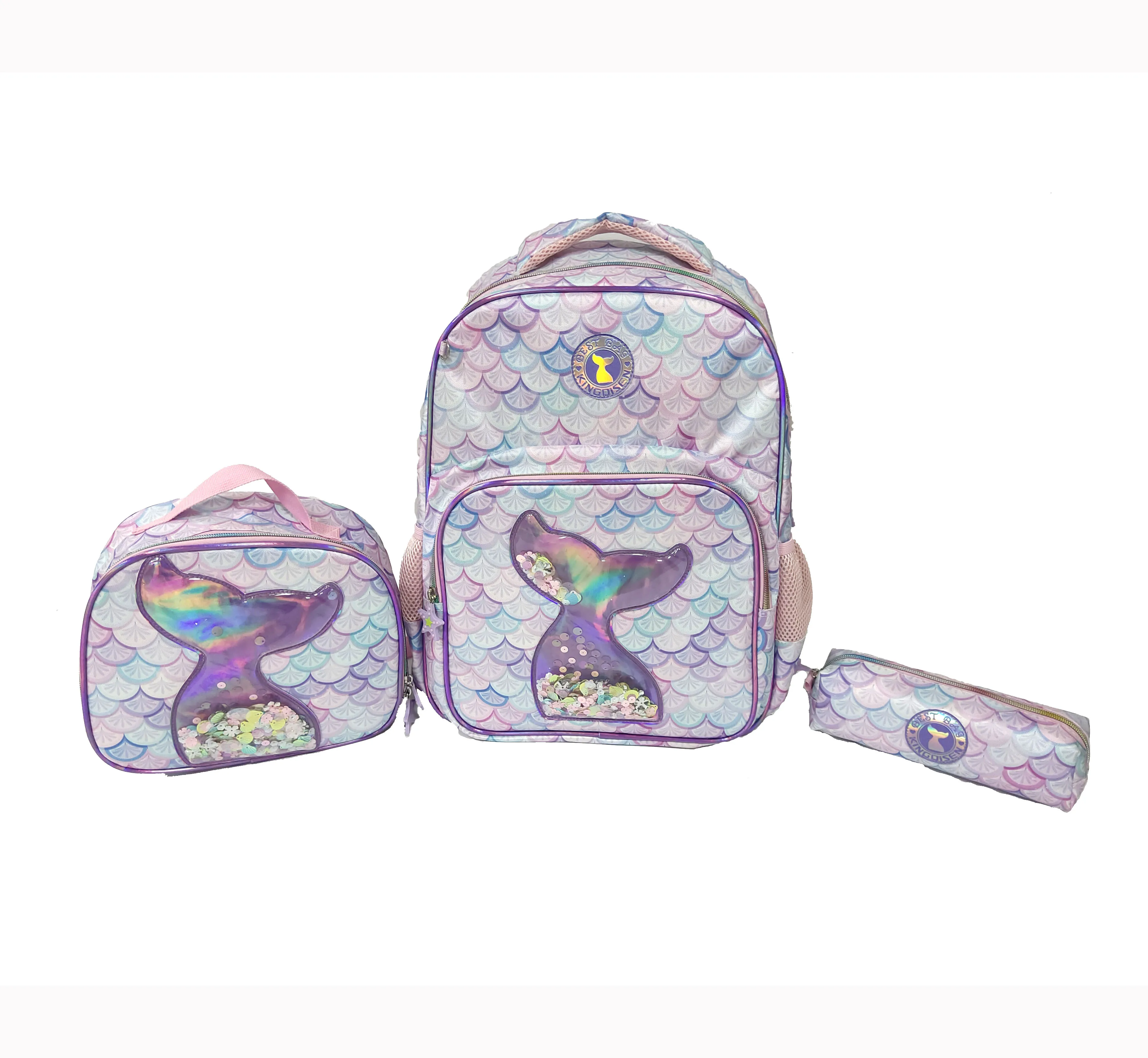 Custom Cartoon Backpacks Mermaid School Backpack Kids 3 in 1 School Bags with Lunch Bag for Girls