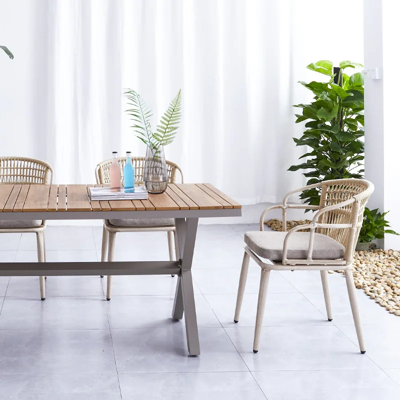 Aluminium table ivory white drawing room garden indoor funiture woven dining cuerda chair outdoor rope