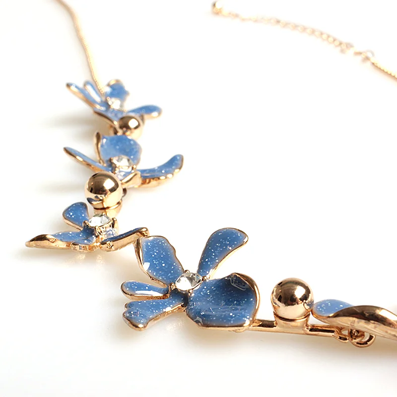 V&R Joyeria China Costume Jewelry Rounded Box 18k Gold Plated Chain Blue Epoxy Glitter Powder And Rhinestone Flower Necklace