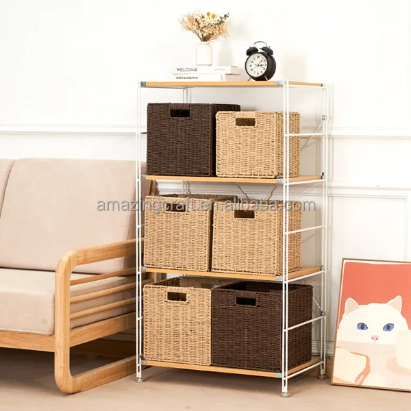 Recycle Paper Rope Rattan Large Capacity Home Storage Bins Great for Bookcase Display Shelf Box Multi-function Use