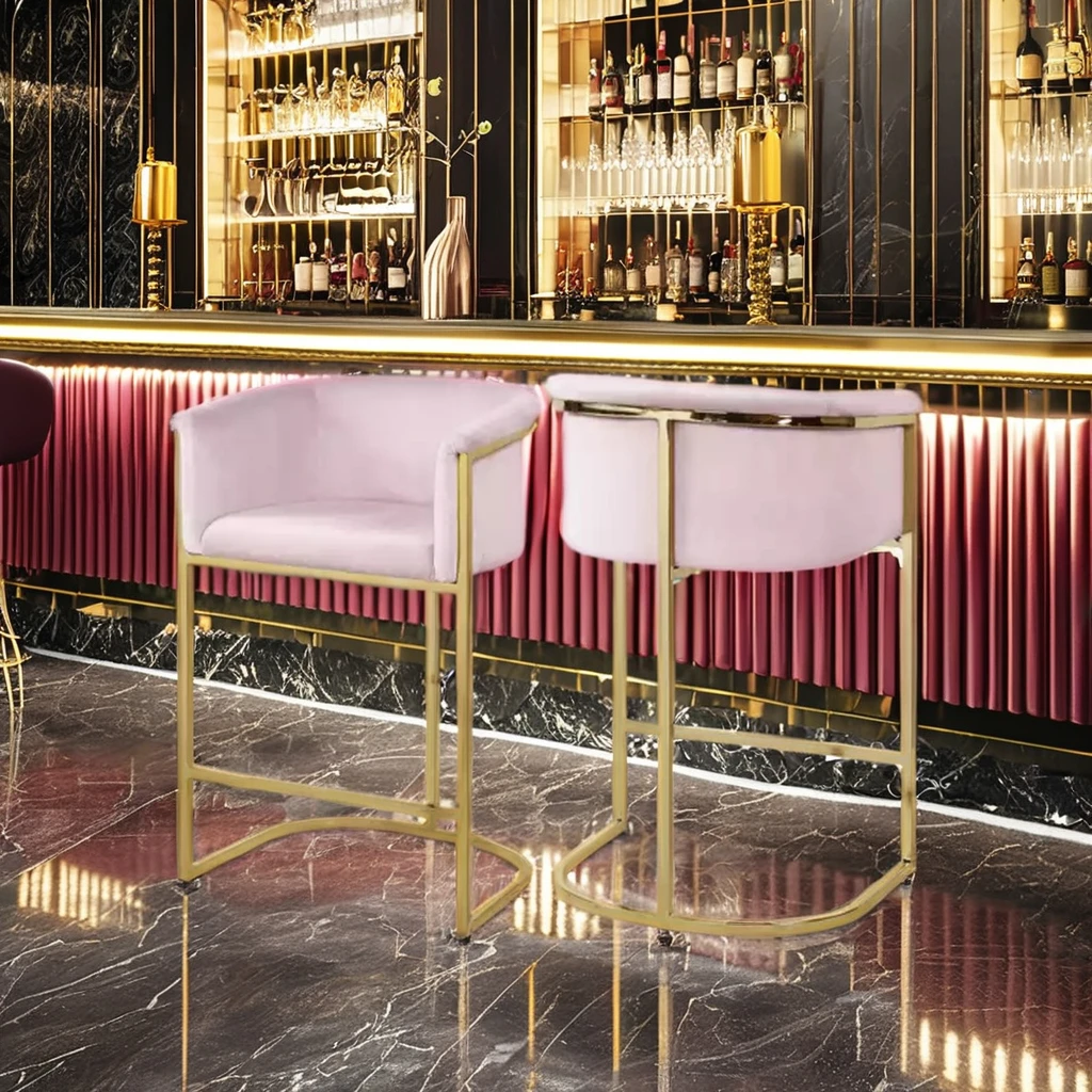 Luxury Modern Vintage Design Velvet Bar Stool Chair Industrial Furniture with Gold Metal Leg High Armrest Home Coffee Bar Use