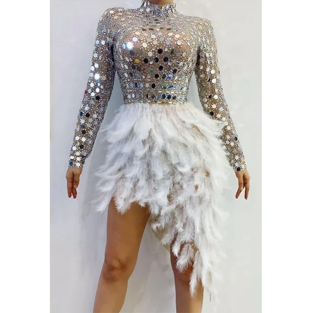 Sparkly Women Birthday Celebrate Wedding Bar DS Latin Dance Dress Silver Sequins Feather Dresses