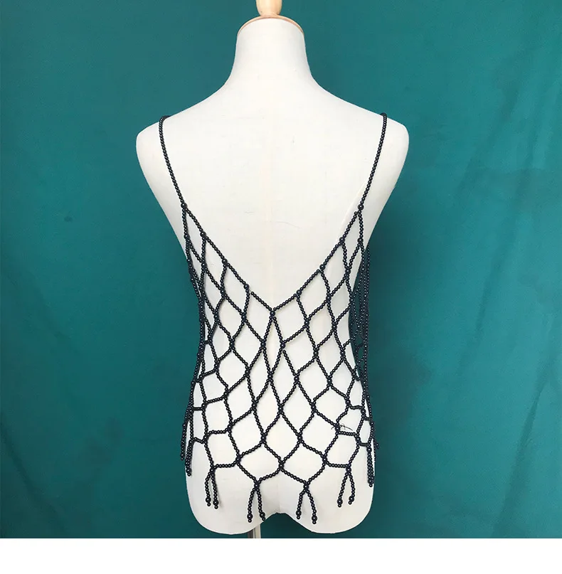 Wholesale Elegant Body Jewelry Bra Halter Jewelry White Black Pearl Tops Summer Bikini Sexy Body Chain Hollow Out Vest Blouse