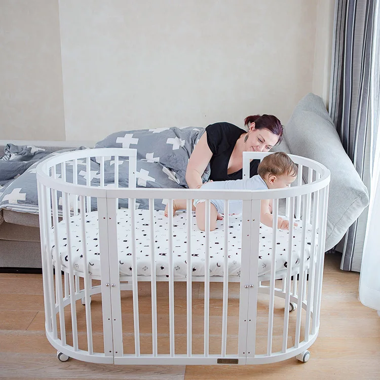 MOOB Multi-function Pine Sturdy Round Baby Cot Bed Modern Crib Multifunction Solid Wood Bedroom