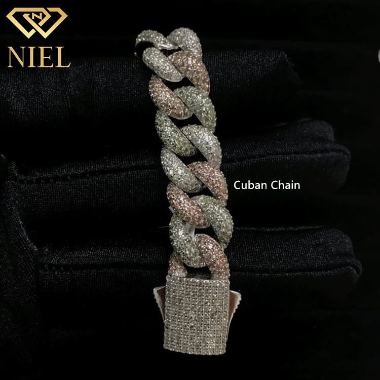 12mm hip hop women jewelry white green orange sapphire silver link iced cuban chain 925 natural stones bracelet