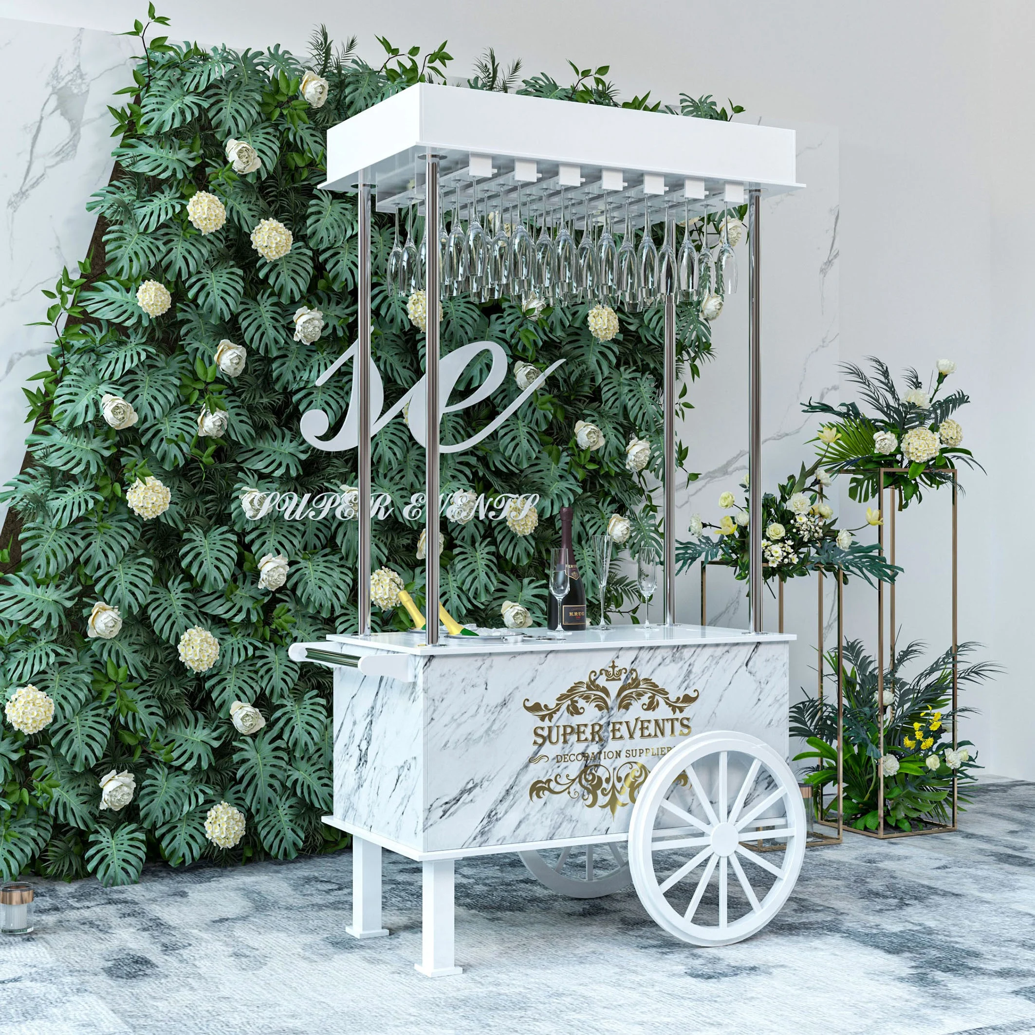 Wholesale Wedding White Candy Display Wedding Champagne Cart Flower Candy Dessert Bar Carts with wheels for Wedding Decoration