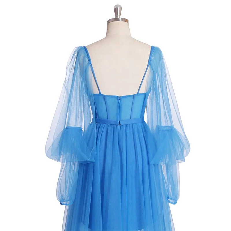 OEM Wholesale Blue Puffy Sleeve Corset Prom Dresses Women Sweetheart Tulle Ball Gown Slit Formal Evening Gown Princess Dress