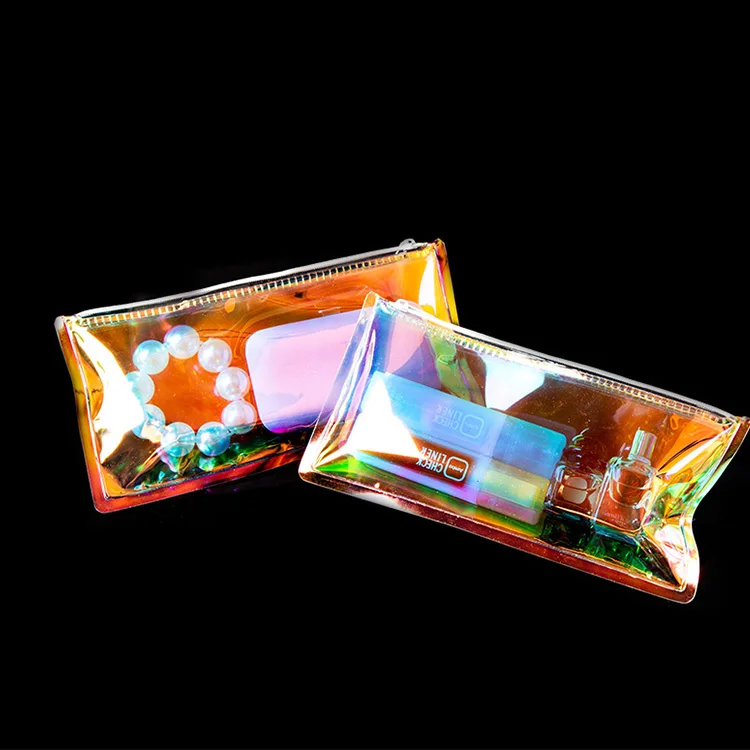 Resealable plastic mini cosmetic case zipper pouch transparent pvc holographic makeup bag with zipper