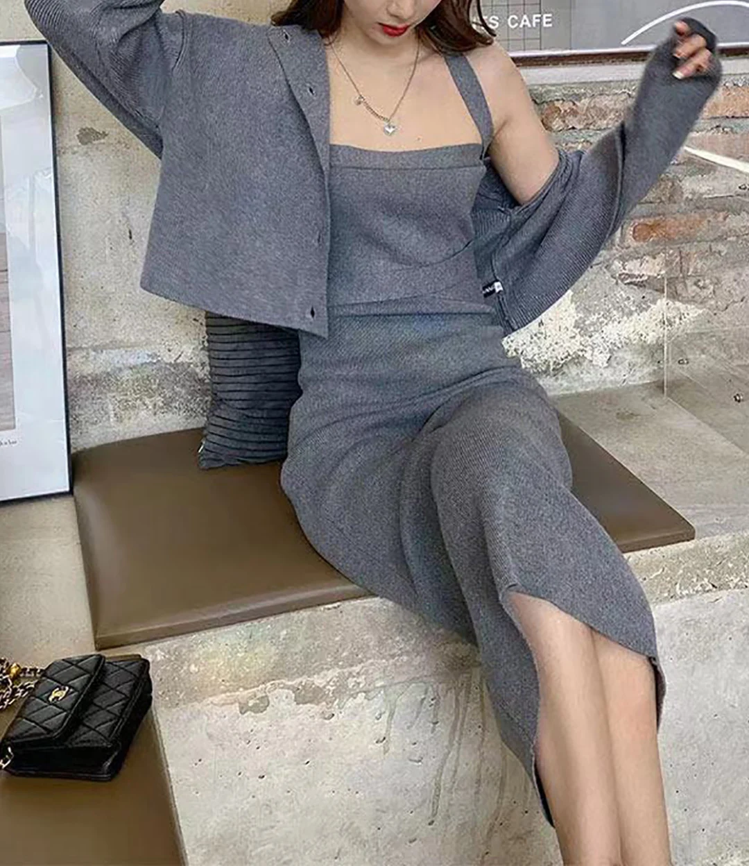 2022 Winter Fall Casual Fashion Long sleeve Knitted Cardigans Spaghetti Strap Sweater Dress For Women 2 Piece Set Clothing